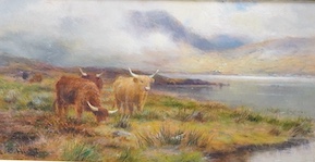 Louis Bosworth Hurt (1856-1929), Highland cattle by a loch, signed, oil on board, 12 x 23cm